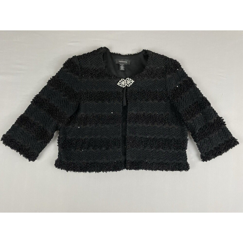 R&M Richards Semi Sheer Bolero Crop Open Front Cardigan Women's M Black Sequin